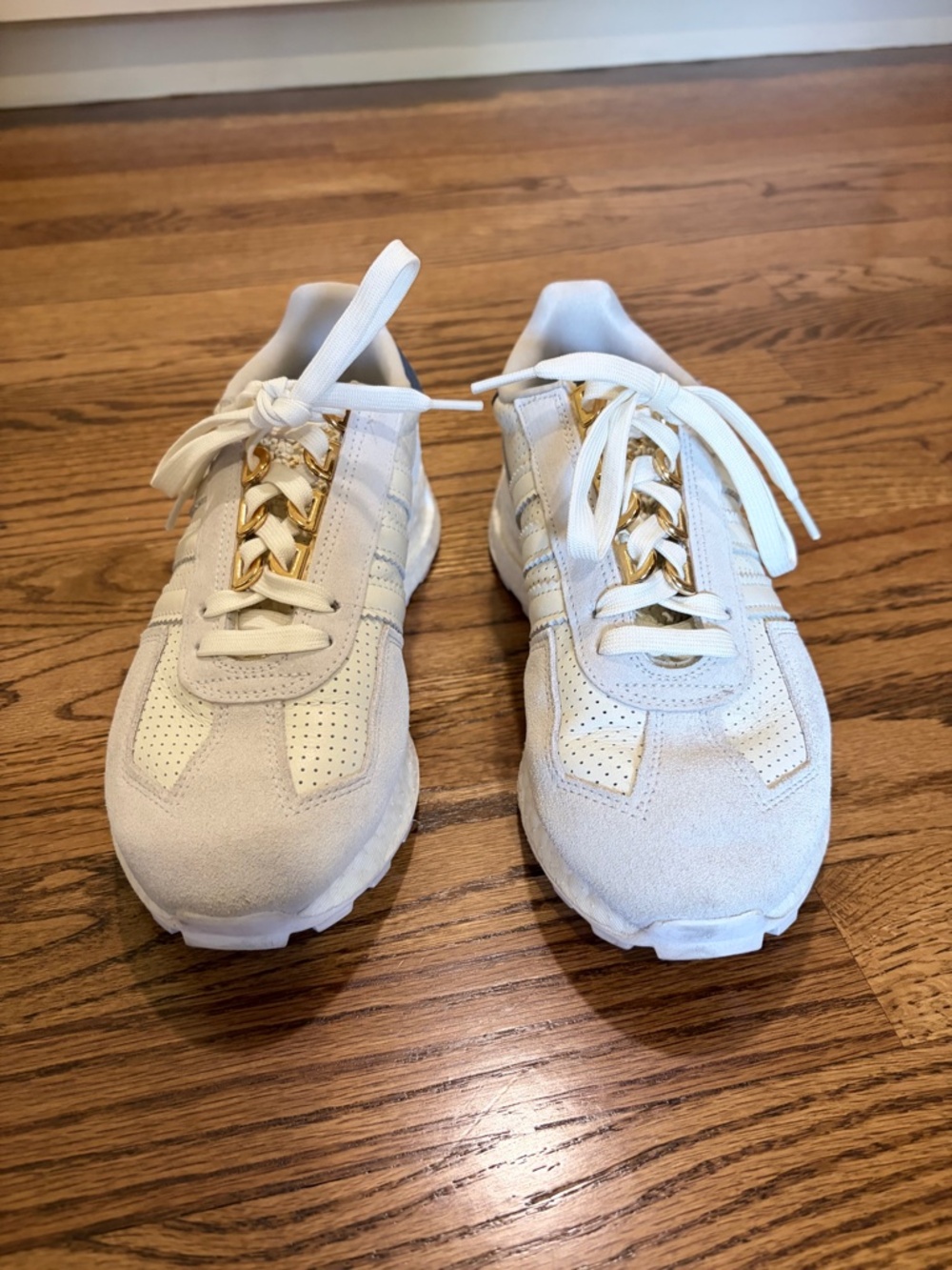 US Size 7 Women's Adidas Sneakers - Grey, Beige and Navy with Gold Accents